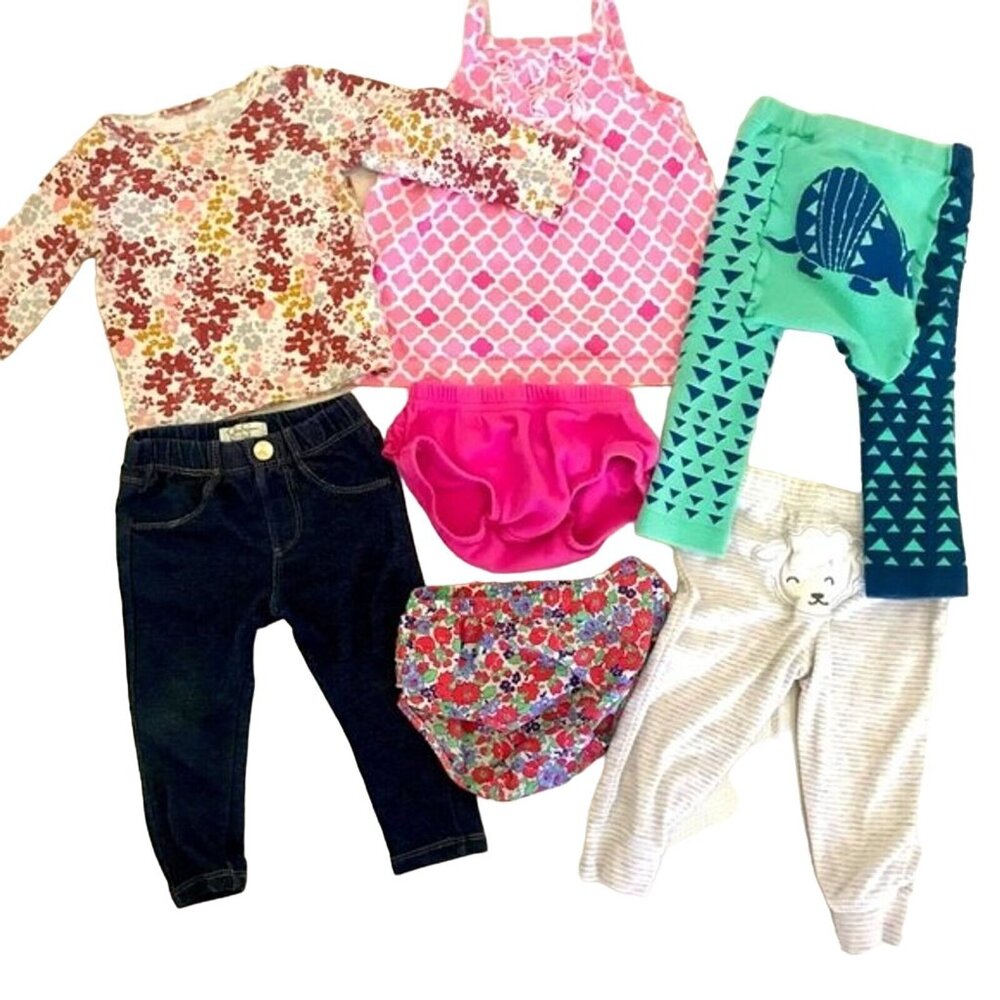 Baby Girl Clothing Bundle. Pants, Bloomers, Shirts, Ruffle Butt. Size 9 Months